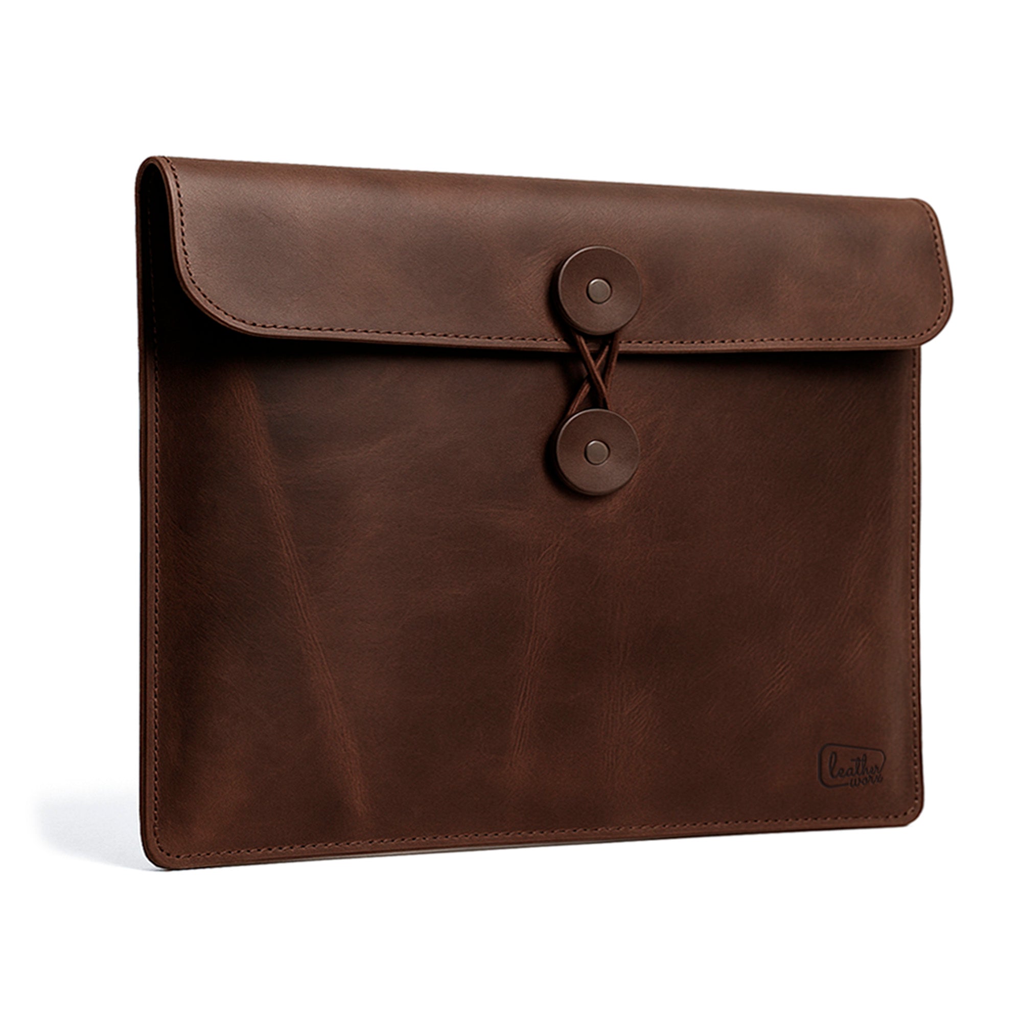 Horizontal Mailing Envelope in rich brown Full Grain Leather by Leather Worx, showcasing its artisan craftsmanship with features like hand cut and hand sewn construction, perfect for stylish organization; Handmade in La Antigua Guatemala & Oaxaca Mexico, embodying small batch production.