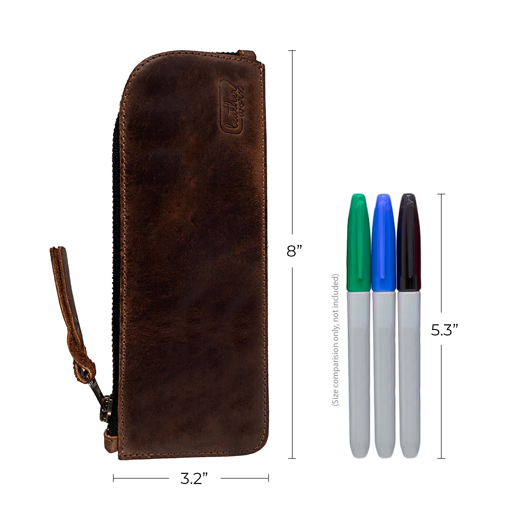 Flat Pen Case from Leather Worx, displayed next to markers with dimensions clearly shown. This zippered bag is a stylish and functional accessory for artists and professionals, crafted with care using full grain leather, small batch production, handmade in La Antigua Guatemala & Oaxaca Mexico.