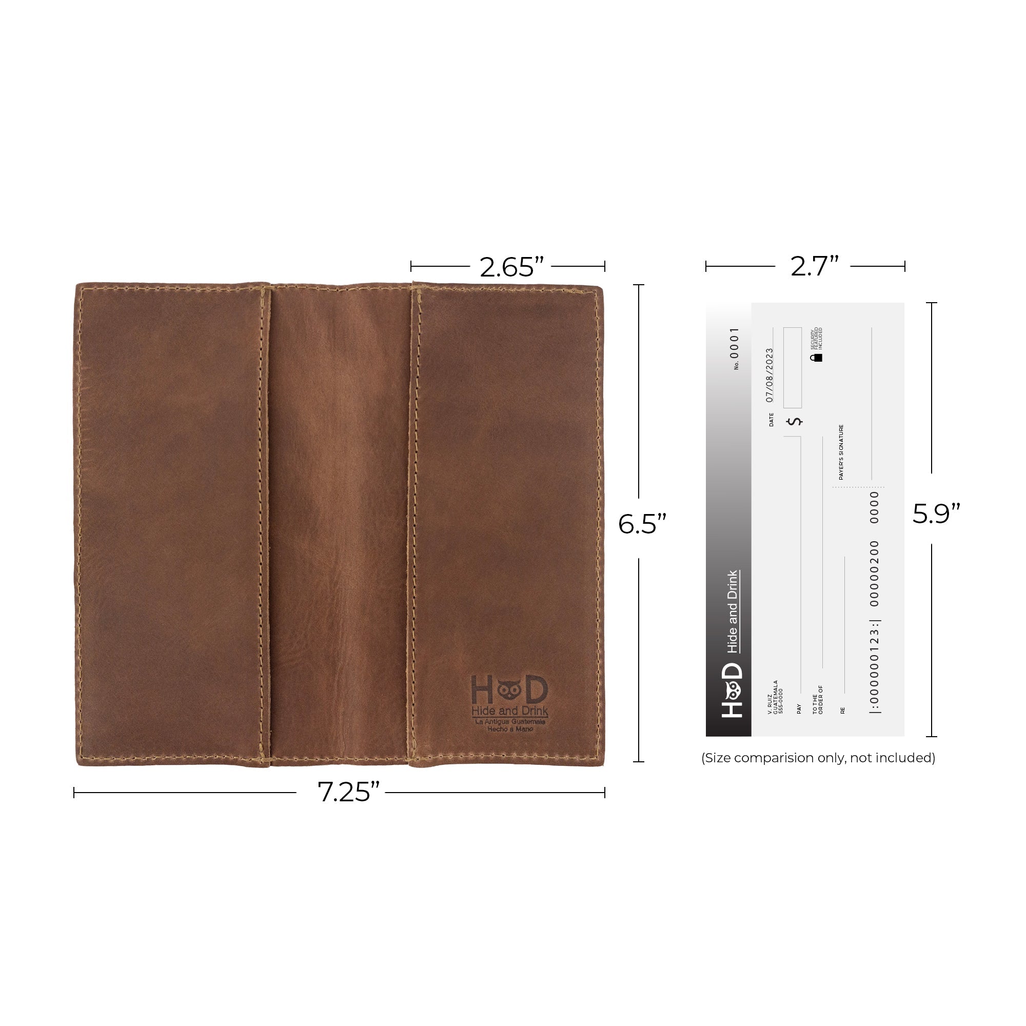 Dimensions of the brown Checkbook Leather Cover by Hide & Drink, functioning as a minimalist organizer for standard checkbooks. Made from full grain leather, this artisan product is handmade in La Antigua Guatemala and Oaxaca Mexico, emphasizing quality through small batch production.