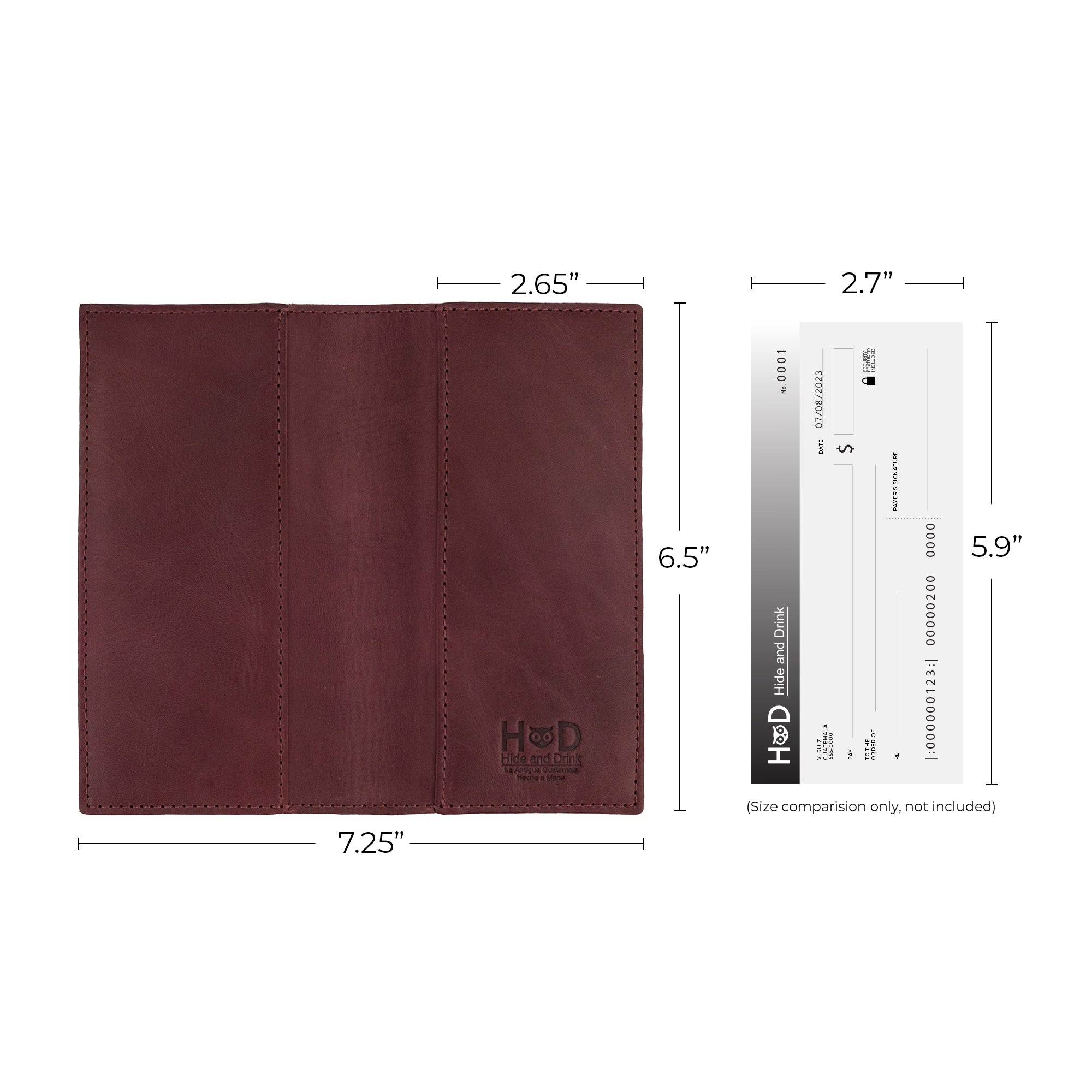 Opened Checkbook Leather Cover by Hide & Drink showcasing its minimalist organizer role for standard checkbooks. Made from full grain leather, this handmade piece reflects artisan skills from La Antigua Guatemala and Oaxaca Mexico, highlighting small batch production.