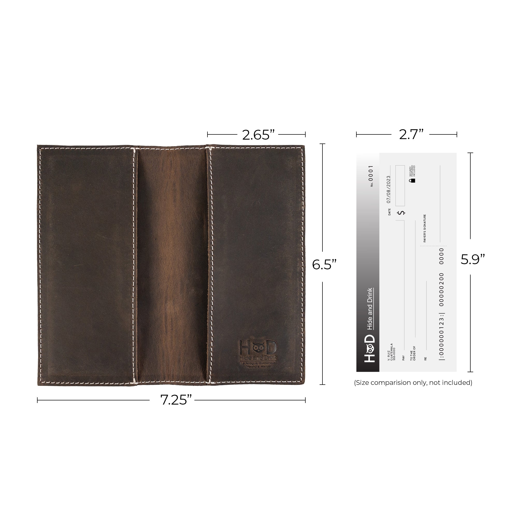 Inside view of the Checkbook Leather Cover by Hide & Drink, serving as a minimalist organizer for standard checkbooks. This handcrafted item, made from full grain leather, showcases the artisan skills from La Antigua Guatemala and Oaxaca Mexico, emphasizing small batch production.