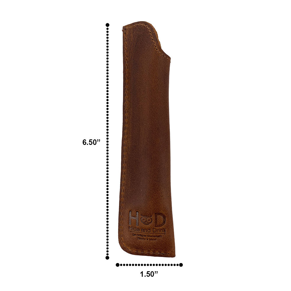 Dimensions of Hide & Drink Vape Pen Sleeve, made from Full Grain Leather. This artisan, hand cut and hand sewn pen case is ideal for kickstarting your vape pen storage journey. Produced through small batch production in La Antigua Guatemala & Oaxaca Mexico. Fire Branded and Handmade.
