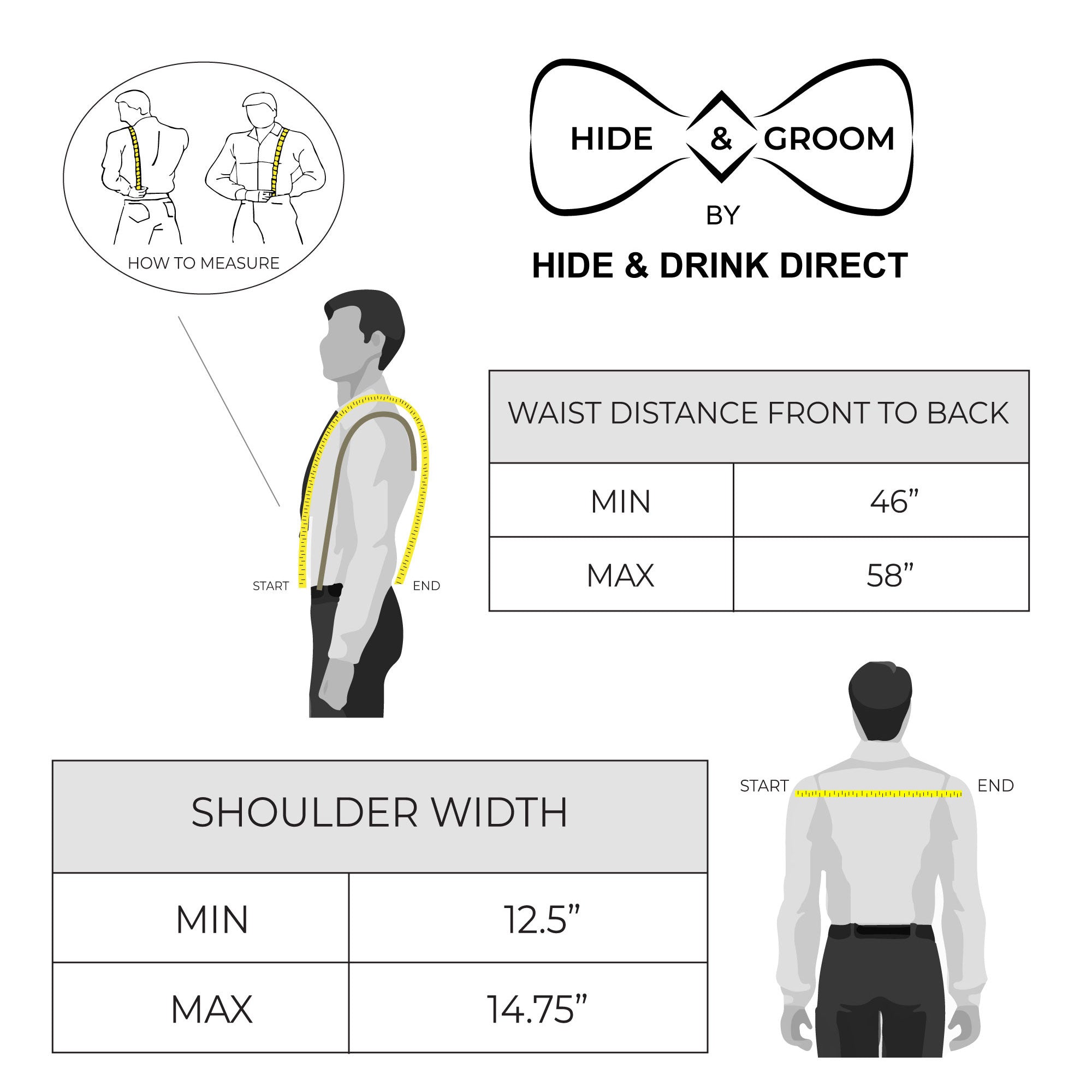 Measuring guide for Vintage Renaissance Suspenders by Hide & Groom, depicting how to ensure the perfect fit for the vintage back support harness made in La Antigua Guatemala & Oaxaca Mexico.