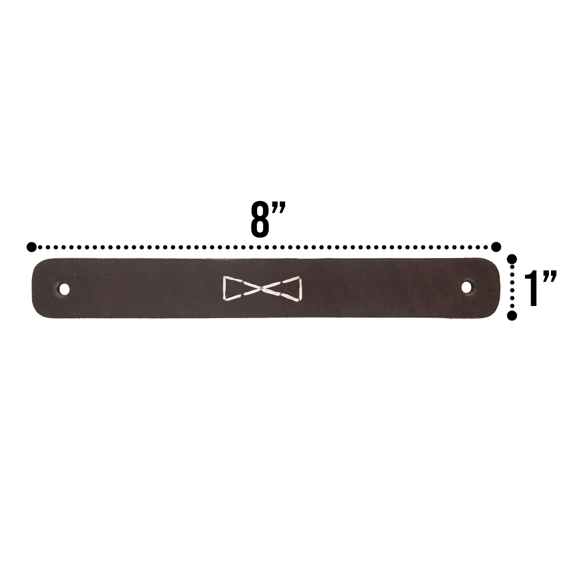 Detailed measurement of a Rectangular Drawer Handle with Bowtie Stitching Design showing its size of 8 inches by 1 inch. Crafted by Hide & Drink, this 4 Pack represents quality full grain leather and artisan skills from La Antigua Guatemala & Oaxaca Mexico.