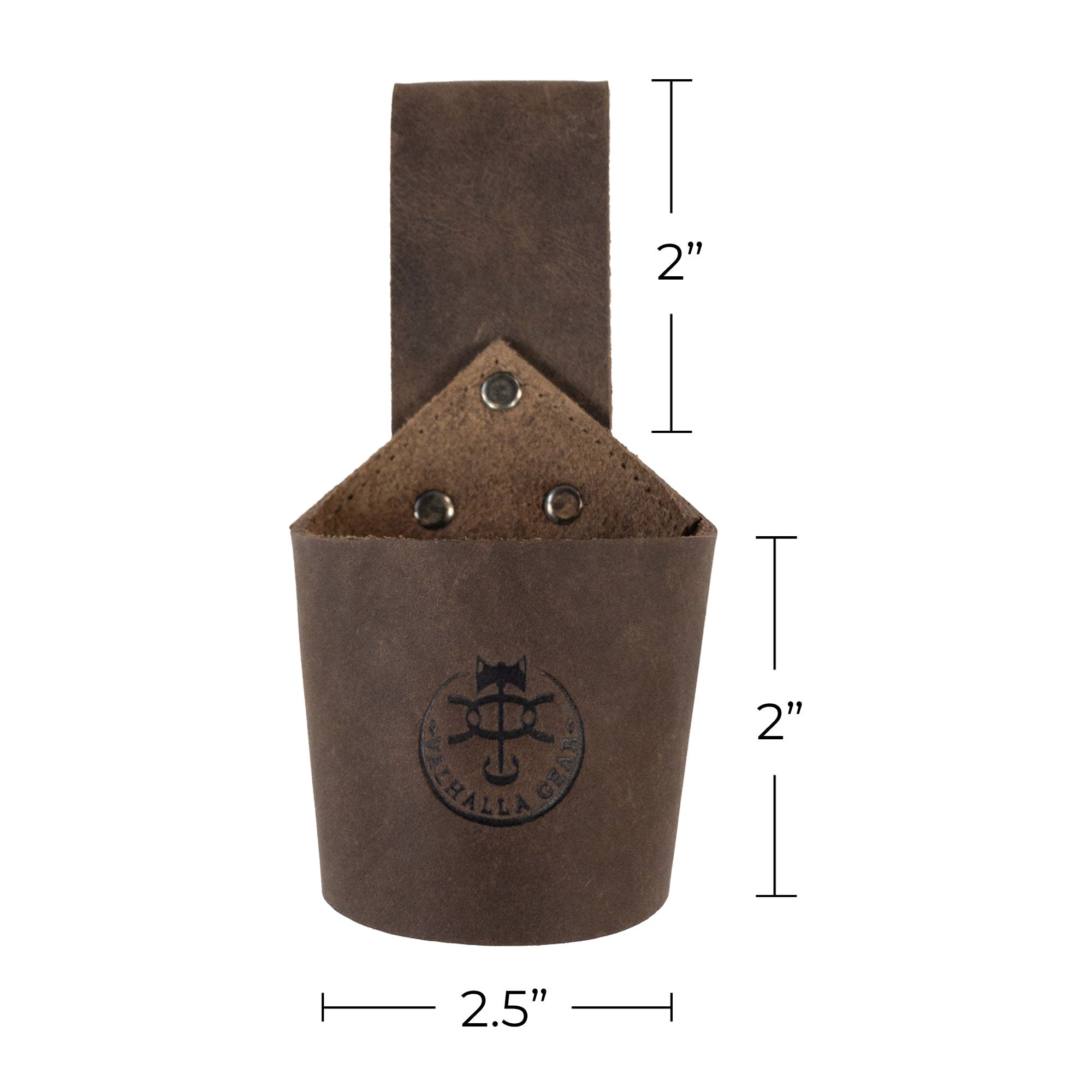 Valhalla Gear's Single Axe Holster is presented with its measuring specifications, illustrating the attention to detail in its artisan design. This full grain leather accessory for tools provides a durable and convenient carrying solution, perfect for home improvement enthusiasts. Each holster is handmade through small batch production techniques in La Antigua Guatemala & Oaxaca Mexico, ensuring a unique touch with fire-branded markings.