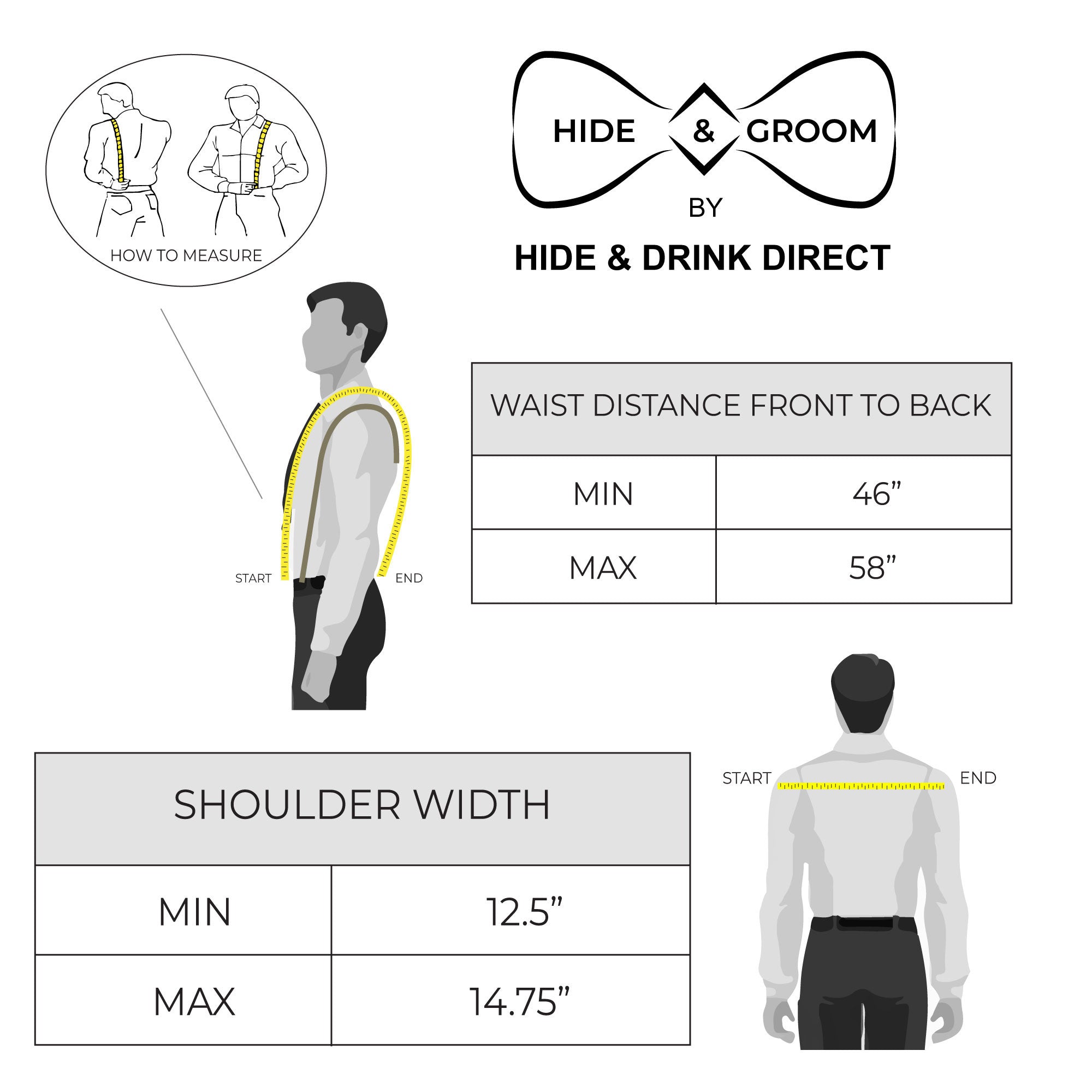 Measuring guide for Vintage Renaissance Suspenders by Hide & Groom, providing details to ensure a comfortable fit for this vintage back support harness.