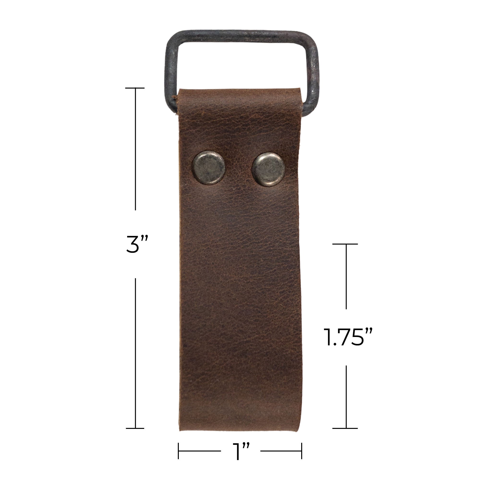 The dimensions of the Set of 2 Riveted Suspender Loop Attachments by Hide & Groom displayed next to the leather loops, emphasizing their quality and fit. A perfect addition as heavy-duty wedding accessories, these artisan-crafted loops are handmade in La Antigua Guatemala & Oaxaca Mexico.