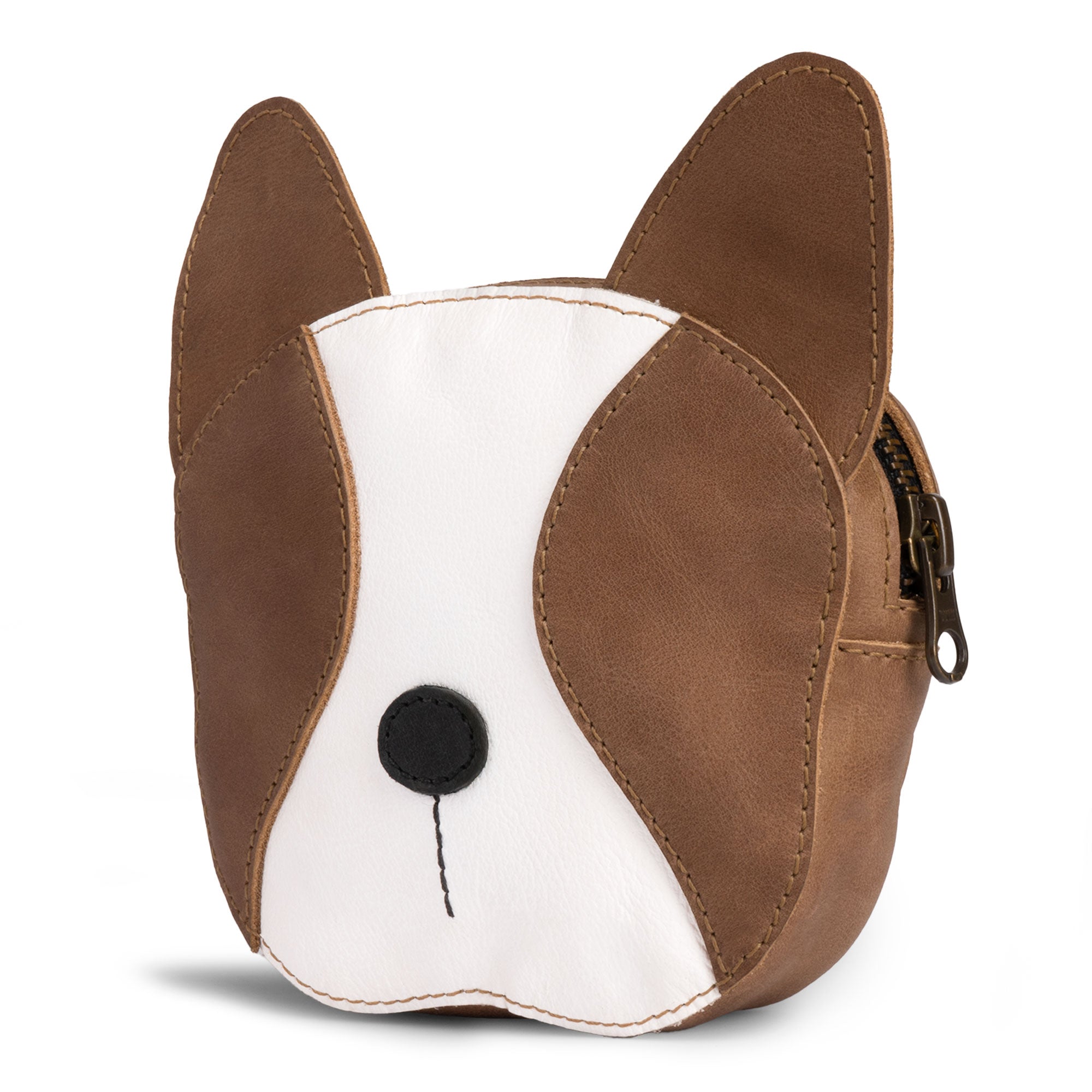 Charming French Bulldog-Shaped Leather Wallet by Taco Dog, featuring whimsical design perfect for pet lovers. This compact handbag is made of full grain leather, handcrafted in La Antigua Guatemala. Ideal as a coin pouch or travel case, it showcases artisan craftsmanship with its small batch production, hand cut and hand sewn details.