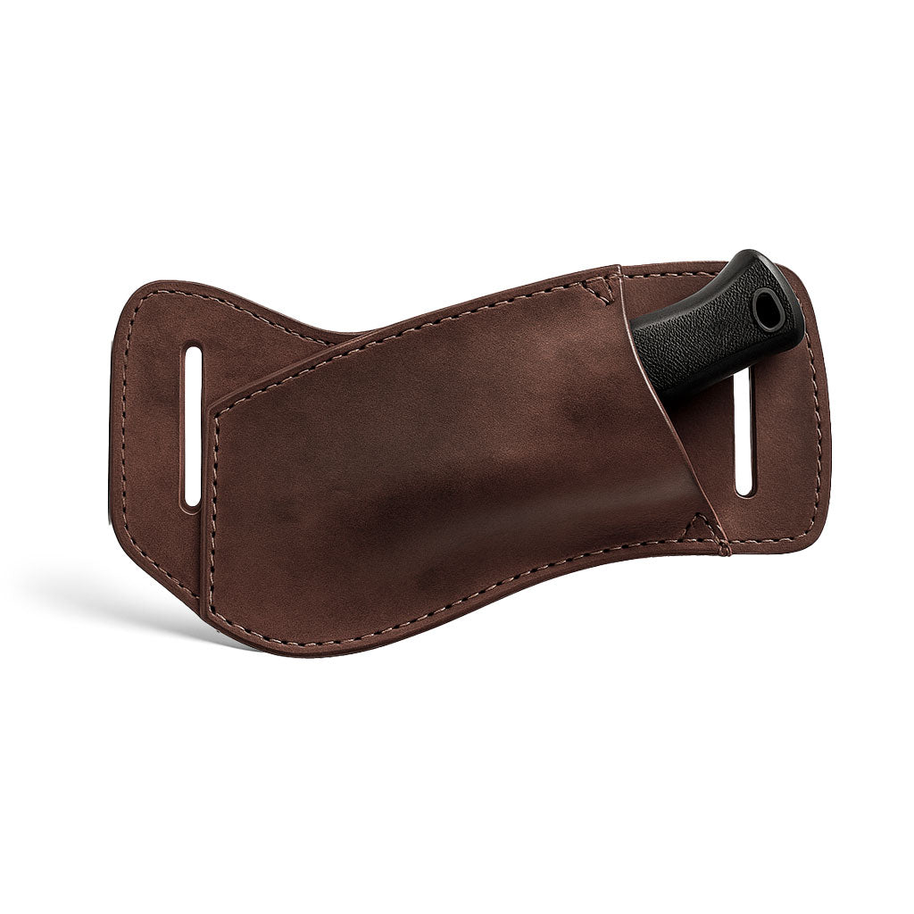 Valhalla Gear Horizontal Knife Holster showcasing a sleek design with a knife inserted, featuring full grain leather craftsmanship, perfect for multitool holding and outdoor adventures. This Horizontal Knife Holster - Multitool Holder, Tool Case, Camping & Outdoor Accessories, Full Grain Leather, StockyardX, Small Batch Production, Hand Cut, Hand Sewn, Fire Branded, Artisan, Handmade in La Antigua Guatemala & Oaxaca Mexico.