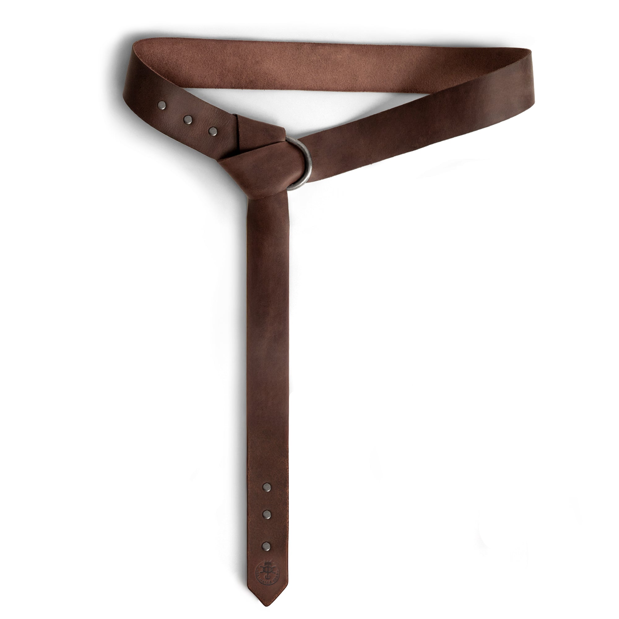 Valhalla Gear's Leather Medieval Belt showcasing a rustic and historical design, made from Full Grain Leather. This Medieval Knight Belt for Men is perfect for Renaissance festivals, cosplay, or costume parties. Handmade in La Antigua Guatemala, this rugged waist accessory features small batch production with a unique half-ring closure for easy wear. Ideal for adding a Viking touch, it is fire branded and artisan crafted.