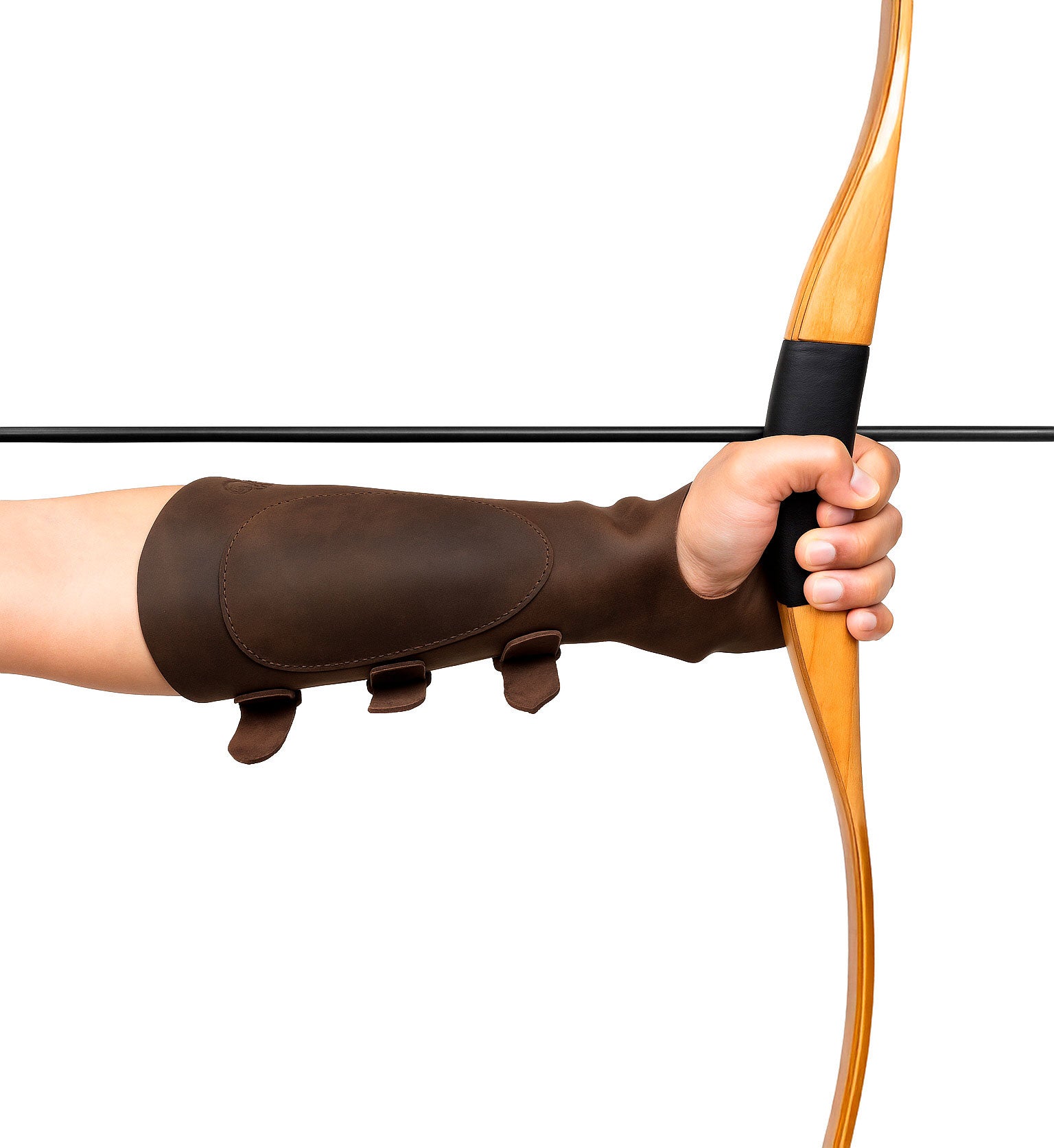 A person showcasing the Archery Bracer with Thumb Slot from Valhalla Gear, featuring a secure fit for forearm protection ideal for cosplay and events. This full grain leather wrist guard includes adjustable buckle straps, perfect for knights and archers. Crafted in small batches, it's hand cut and sewn, ensuring quality craftsmanship made in La Antigua Guatemala.