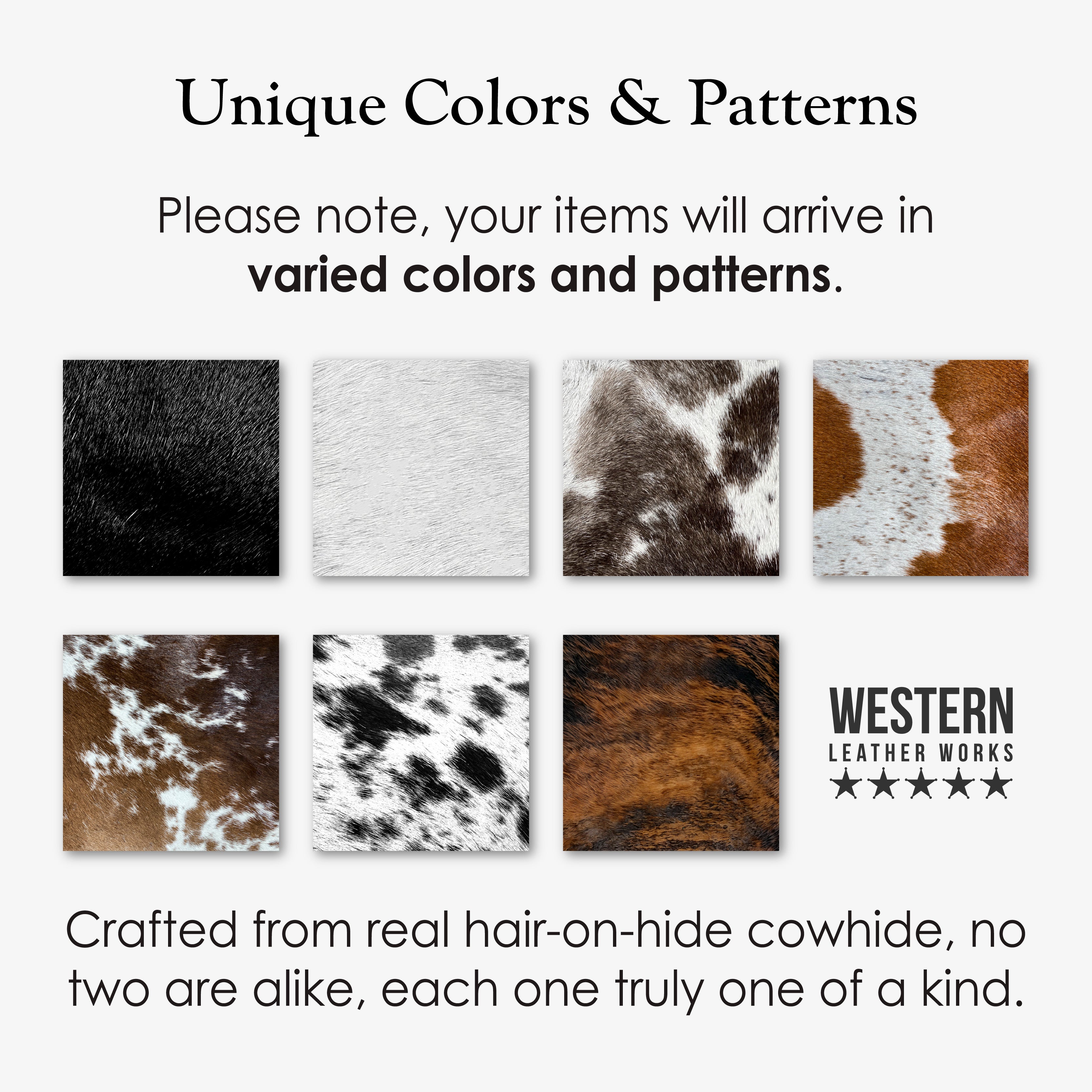 Showcasing the varied colors and patterns of real hair-on-hide leather, this image highlights the uniqueness of the products from Western Leather Works. Each piece is part of the Set of 6 Circular Coasters for Drinks, designed for optimal Glass & Cups Stain Protection and crafted from Full Grain Leather using small batch production, ensuring attention to detail through hand cut and hand sewn methods, fire branded for quality, handmade in La Antigua Guatemala & Oaxaca Mexico.