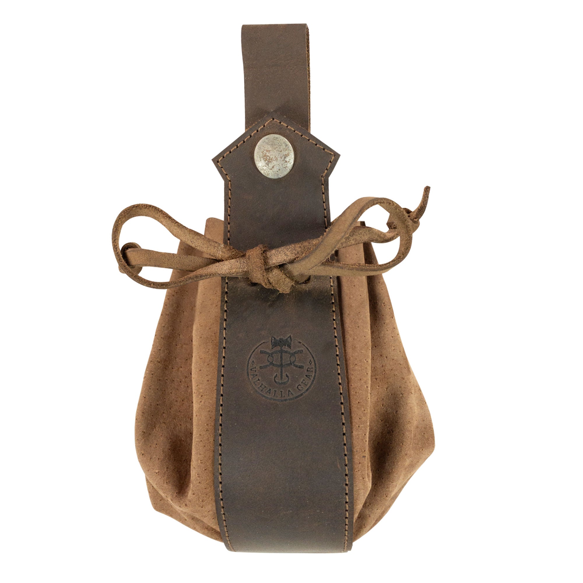 Top view of a Medieval Drawstring Pouch by Valhalla Gear made from Full Grain Leather, showcasing small batch production with hand-cut and hand-sewn craftsmanship, fire branded for authenticity, perfect for outdoor enthusiasts.