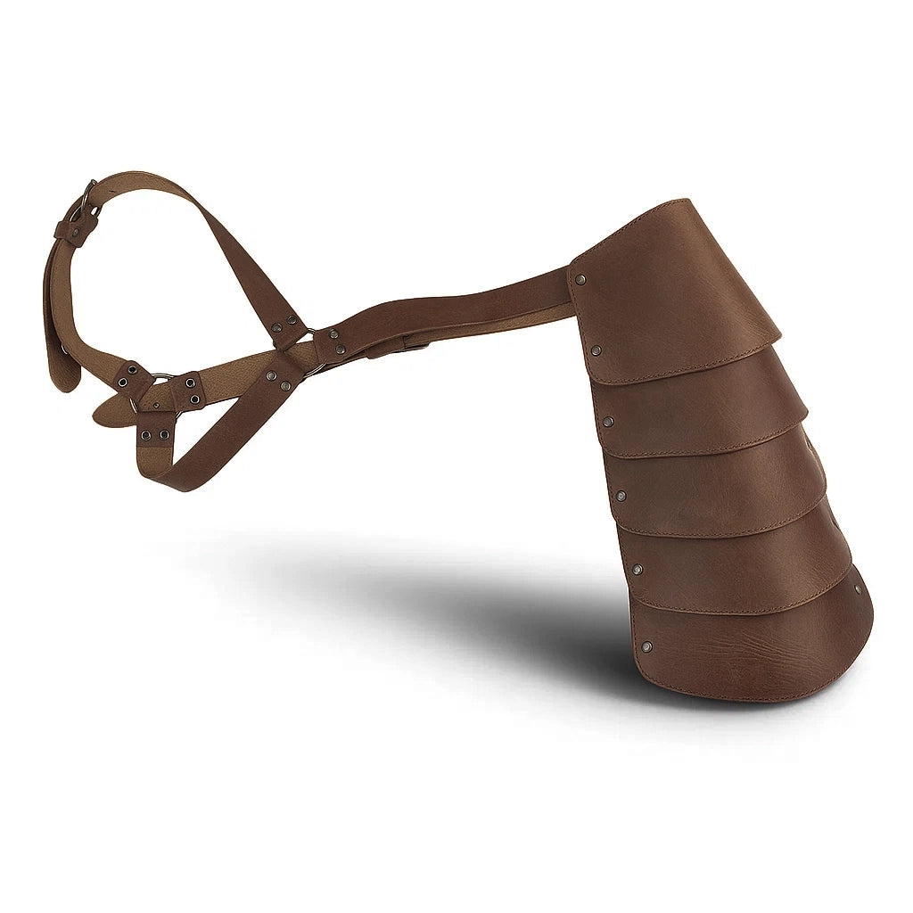 Handmade in La Antigua Guatemala, this Single Shoulder Cover by Hide & Play features a unique design. Perfect for cosplay events and Renaissance festivals, this metallic costume arm shield is adjustable with a chest and back belt, crafted from premium full grain leather. This artisan piece embodies small batch production, hand cut and hand sewn for durability.