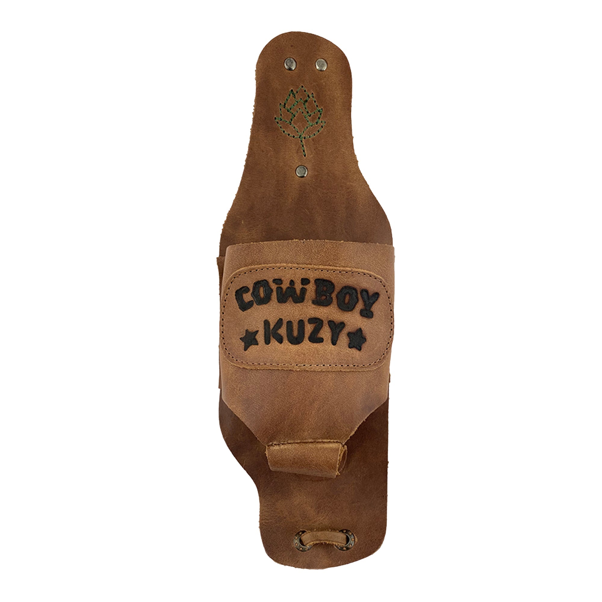 Beer Holster Stitched Designs by Hide & Drink featuring a rustic leather design with 'COWBOY KUZY' branding, ideal as a handsfree beverage holder for men and women. This Full Grain Leather Beer Holster for Cowboy is perfect for outdoor events, showcasing small batch production techniques, hand cut and hand sewn craftsmanship, and fire branded details. Artisan made in La Antigua Guatemala & Oaxaca Mexico.