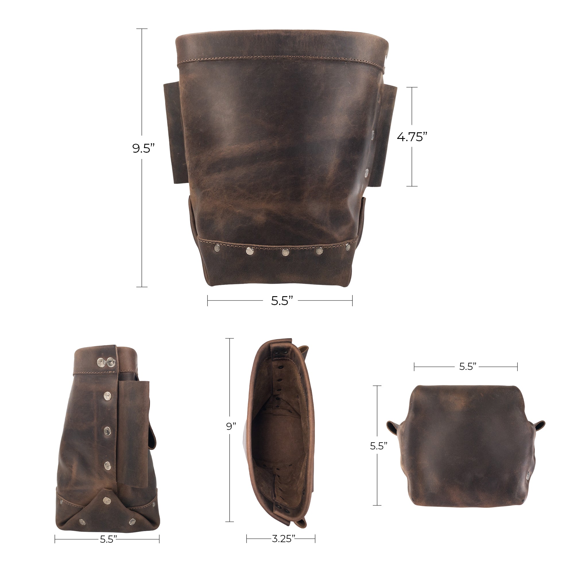 Hide & Drink Electrician Tool Pouch with dimensions displayed, emphasizing its compact yet functional design. This organizer bag is ideal for electricians, made from durable full grain leather, making it a heavy duty tool pouch. Hand cut and hand sewn through small batch production, this artisan piece is fire branded and showcases craftsmanship from La Antigua Guatemala & Oaxaca Mexico.