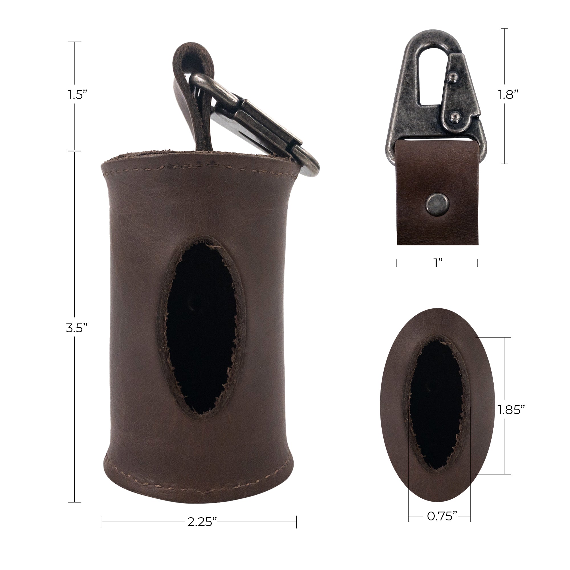 Dimensions of the Hide & Drink Doggie Bag Dispenser displayed, showing its practical design made from thick full grain leather. Ideal for dog walkers, this artisanal waste bag holder features a brass metal clip, is hand sewn and fire branded for a unique touch.