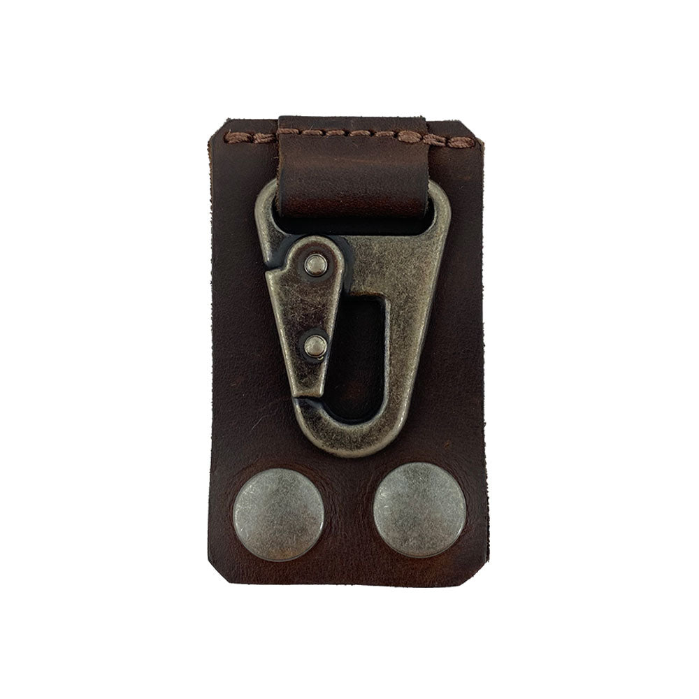 Belt Keychain Holder Hook by Hide & Drink featuring a vintage-style metal clip and thick full grain leather, perfect as a belt clip key chain holder hook. Handmade in La Antigua Guatemala & Oaxaca Mexico, it combines small batch production craftsmanship with artisan quality.