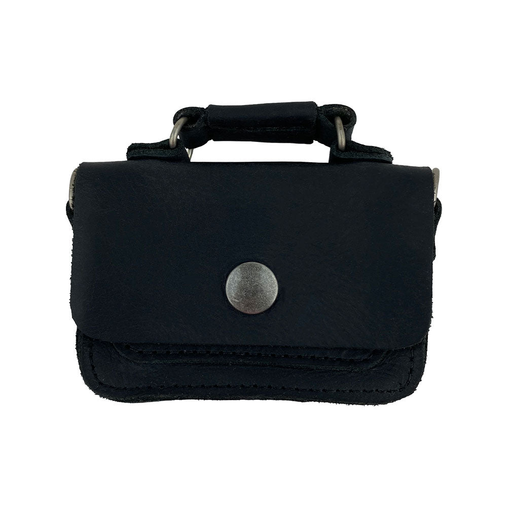 Hide & Drink's Card Holder Briefcase Style, revealing a sleek Mini Briefcase Card Holder in black Full Grain Leather. Designed to hold up to 10 cards plus folded bills, this cash organizer exemplifies high-quality craftsmanship and small batch production from artisans in La Antigua Guatemala & Oaxaca Mexico.