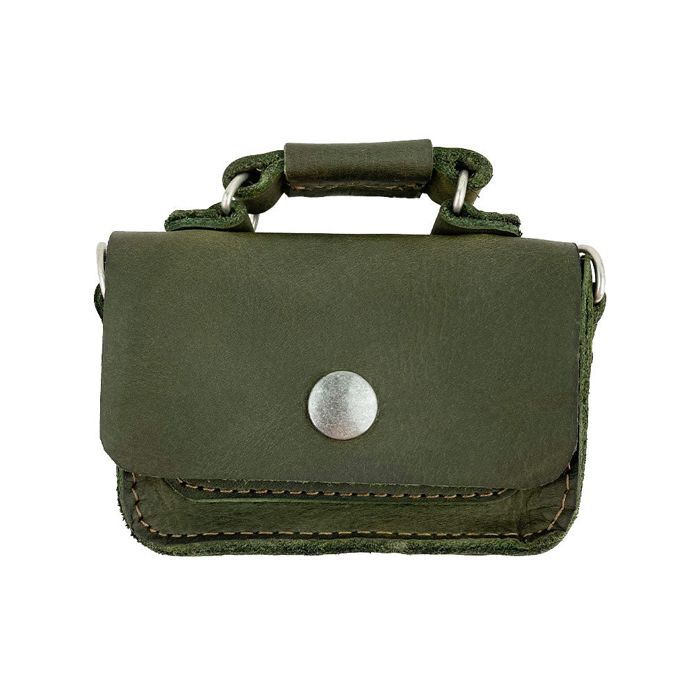 Back view of Hide & Drink's Card Holder Briefcase Style, showcasing the durable green leather finish of the Mini Briefcase Card Holder. This artisan-crafted case is made from Full Grain Leather to hold up to 10 cards and folded bills, ideal for use as a cash organizer.