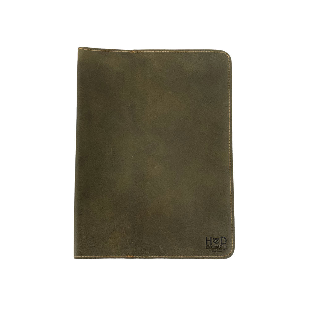 Back of the green Full Grain Leather Journal Cover for Moleskine Cahier XL (7.5 x 9.75 in.) by Hide & Drink, highlighting the superior quality and durability of the leather. This stylish case is crafted with love and precision, ensuring a unique journaling experience.