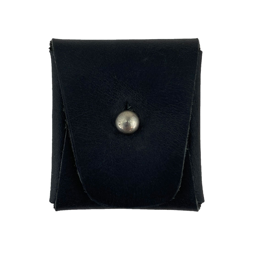 Front view of a navy Minimalist Square Coin Pouch by Hide & Drink, crafted from durable full grain leather. This stylish pouch is ideal for coins or small essentials, embodying minimalist design principles. Minimalist Coin Pouch, SD Card Holder, Wallet and Cash Organizer, Full Grain Leather, StockyardX, Small Batch Production, Hand Cut, Hand Sewn, Fire Branded, Artisan, Handmade in La Antigua Guatemala & Oaxaca Mexico.