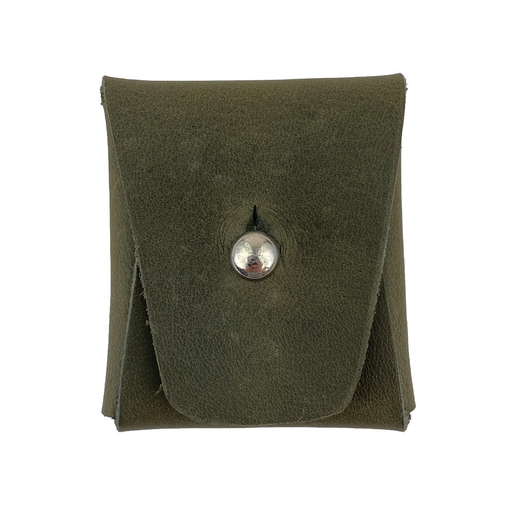 Front view of an olive green Minimalist Square Coin Pouch by Hide & Drink, crafted from quality full grain leather. This stylish and compact pouch is perfect for organizing coins and small essentials, emphasizing minimalist design. Minimalist Coin Pouch, SD Card Holder, Wallet and Cash Organizer, Full Grain Leather, StockyardX, Small Batch Production, Hand Cut, Hand Sewn, Fire Branded, Artisan, Handmade in La Antigua Guatemala & Oaxaca Mexico.