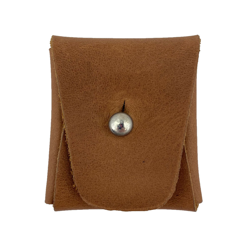 Front view of a light brown Minimalist Square Coin Pouch by Hide & Drink, made from premium full grain leather. Its compact design makes it an excellent choice for minimalists and those seeking elegant organization. Minimalist Coin Pouch, SD Card Holder, Wallet and Cash Organizer, Full Grain Leather, StockyardX, Small Batch Production, Hand Cut, Hand Sewn, Fire Branded, Artisan, Handmade in La Antigua Guatemala & Oaxaca Mexico.