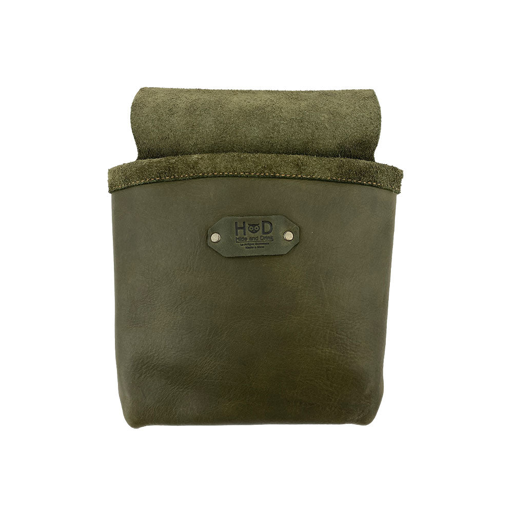 Front view of the Constructor Belt Bag in olive green by Hide & Drink, designed for constructors. This durable tool bag features a single big pocket made from full grain leather, hand-sewn by artisans in La Antigua Guatemala & Oaxaca Mexico.