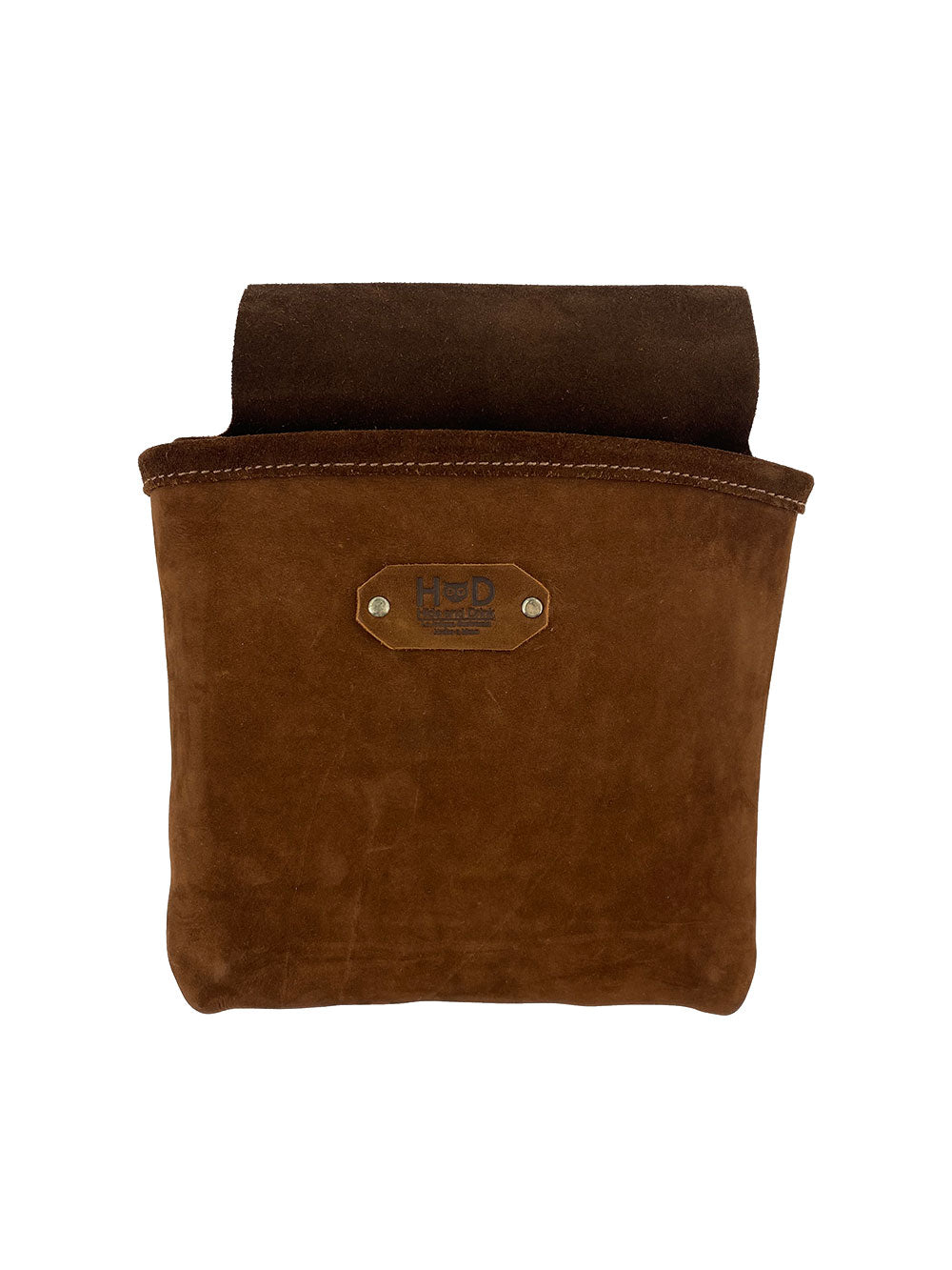 Front view of the Constructor Belt Bag in bourbon brown by Hide & Drink, featuring a single big pocket for constructors. Made from full grain leather, this handmade tool belt bag showcases artisan craftsmanship from La Antigua Guatemala & Oaxaca Mexico.