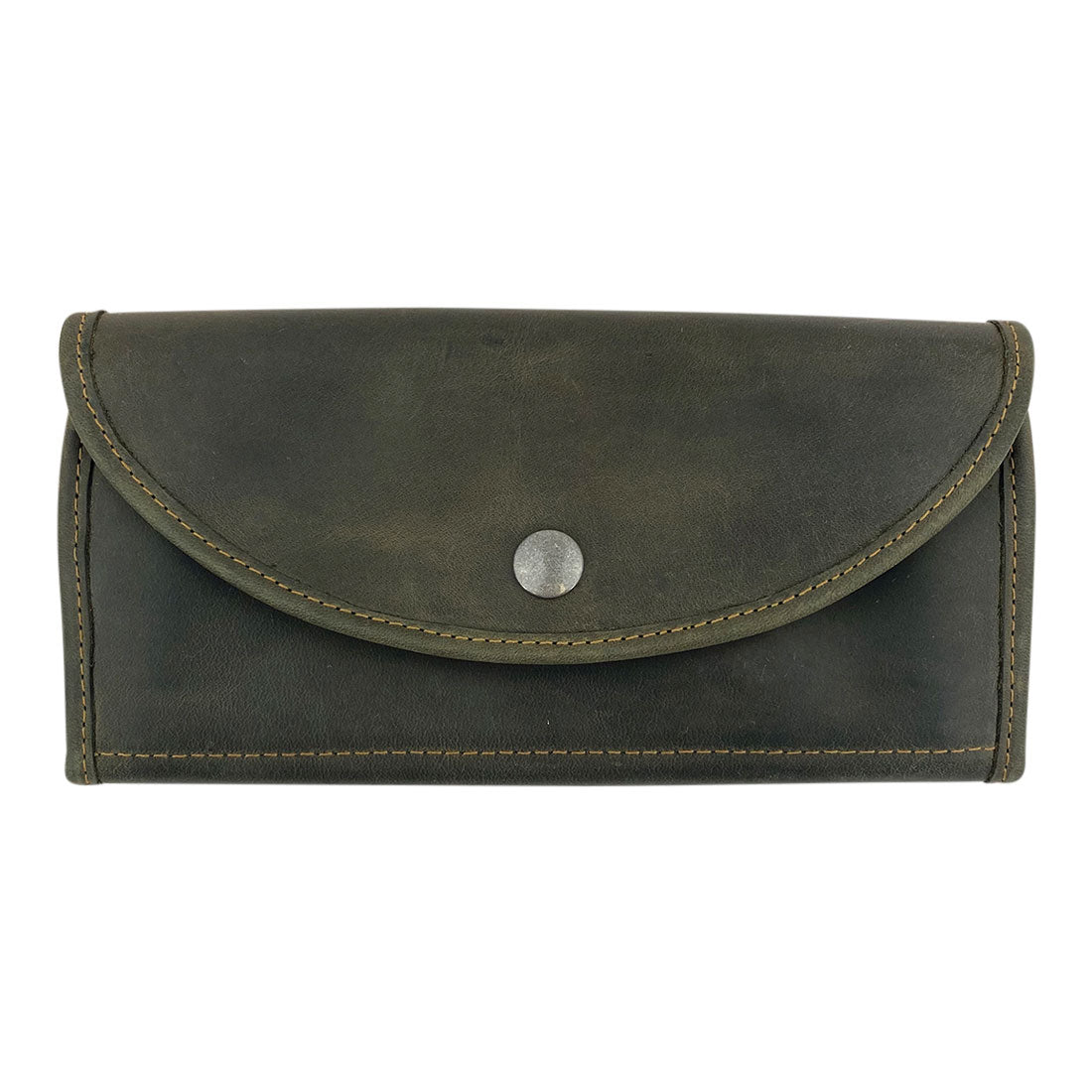 Front view of the olive green variant of the Single Snap Zippered Wallet by Hide & Drink, highlighting its rich texture. This Snap Clutch Wallet for Women is a practical money holder and card organizer with a zippered pouch, made from full grain leather and crafted in small batches in La Antigua Guatemala.