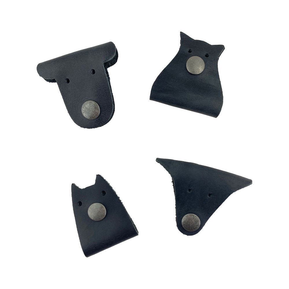 Furry Friends Cord Keeper (4-Pack), showcasing unique animal designs to keep your cords tidy, crafted from high-quality full grain leather by Hide & Drink. Furry Friends 4-Pack Cord Keeper (Cord Clam), Full Grain Leather, StockyardX, Small Batch Production, Hand Cut, Hand Sewn, Fire Branded, Artisan, Handmade in La Antigua Guatemala & Oaxaca Mexico.