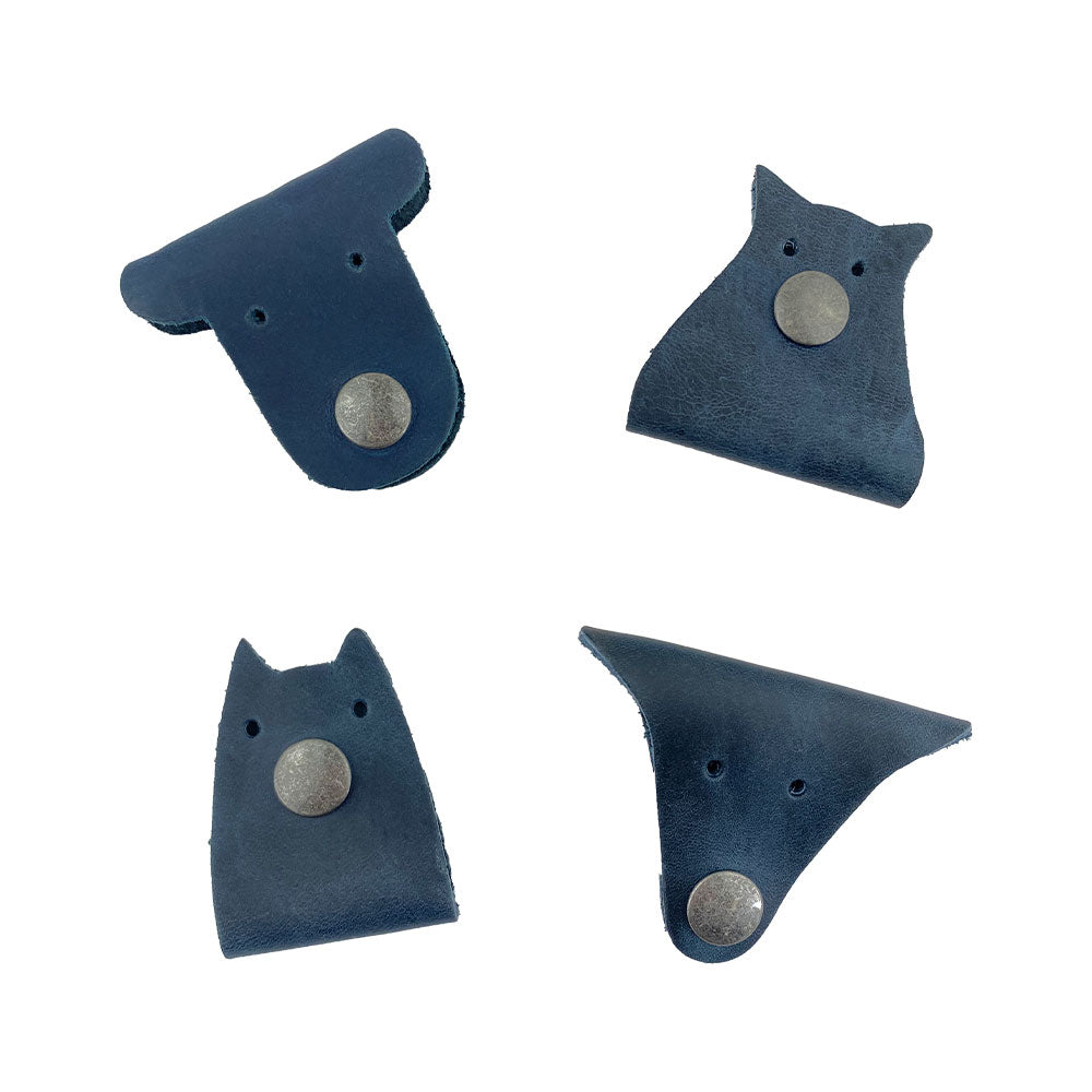 Furry Friends Cord Keeper (4-Pack), showcasing cute animal shapes to easily manage cords, made from high-quality full grain leather by Hide & Drink. Furry Friends 4-Pack Cord Keeper (Cord Clam), Full Grain Leather, StockyardX, Small Batch Production, Hand Cut, Hand Sewn, Fire Branded, Artisan, Handmade in La Antigua Guatemala & Oaxaca Mexico.
