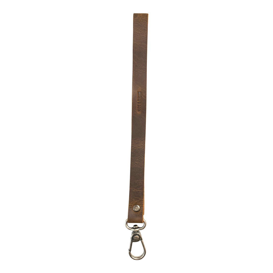 A simple thin lanyard made of Full Grain Leather, showcasing its durable design and artisan craftsmanship by Hide & Drink, perfect for organizing items. This Simple Thin Lanyard features tags such as Small Batch Production, Hand Cut, Hand Sewn, Fire Branded, Artisan, Handmade in La Antigua Guatemala & Oaxaca Mexico.