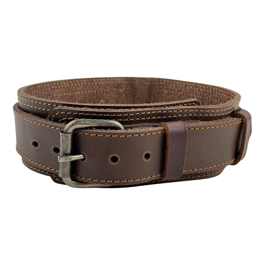 Stylish Double Layer Dog Collar by Taco Dog, handmade from thick full grain leather, designed for large dogs, featuring 6 adjustable holes and durable metal hardware. This collar is a heavy-duty, safe pet accessory produced through small batch craftsmanship, hand cut and sewn in La Antigua Guatemala.