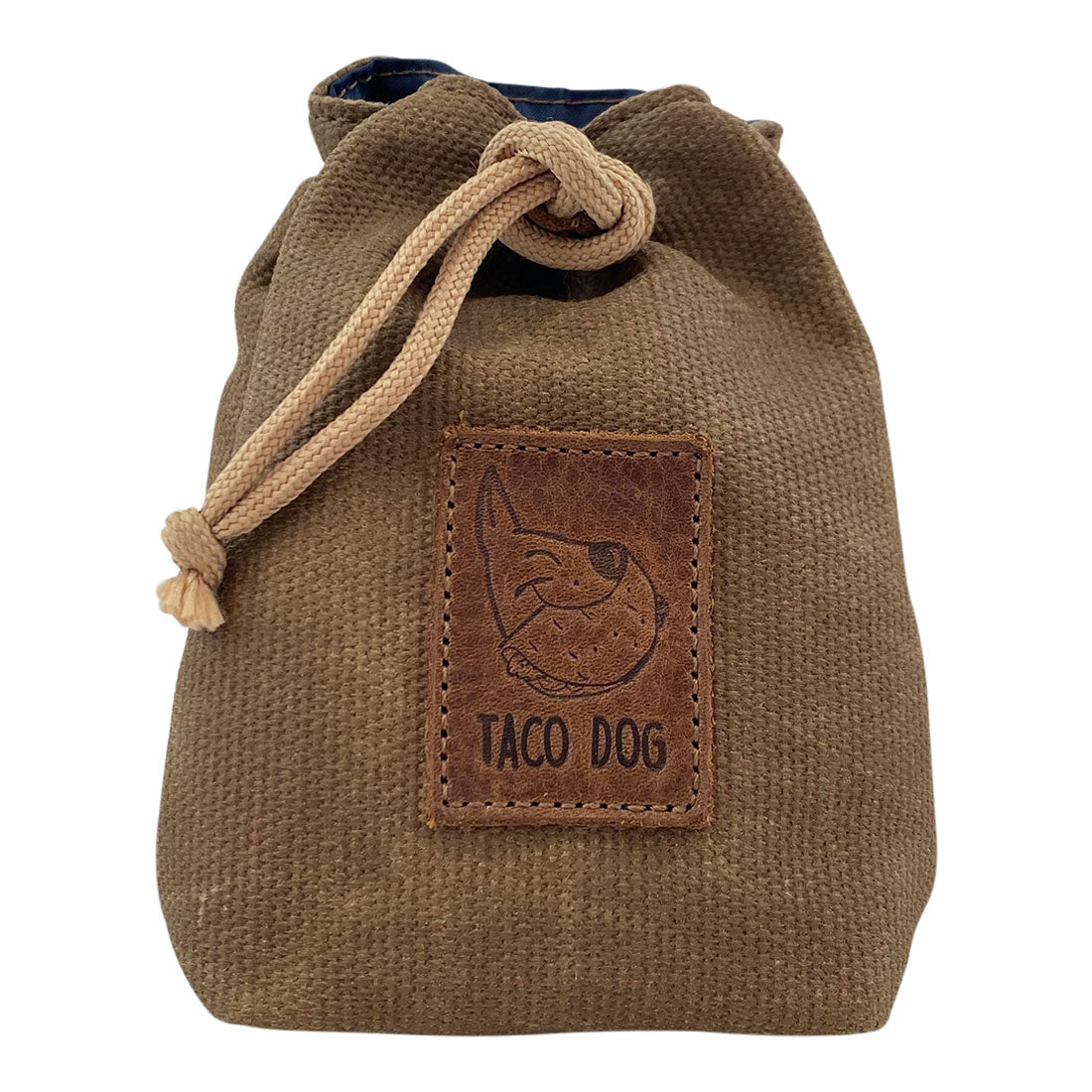 Taco Dog Treat Training Bag in waxed canvas featuring a drawstring closure and a fire branded logo, perfect for storing treats on walks. This portable pouch with a belt clip is ideal for dog trainers and made through small batch production by artisans in La Antigua Guatemala.
