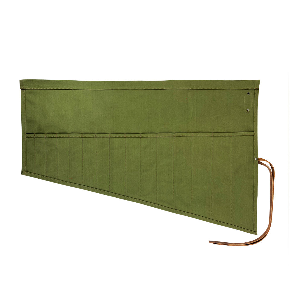 Hide & Drink Wrench Roll (15 Pockets) crafted from Water Resistant Waxed Canvas, provides a portable storage solution for wrenches, combining style and artisan quality, made in La Antigua Guatemala & Oaxaca Mexico.