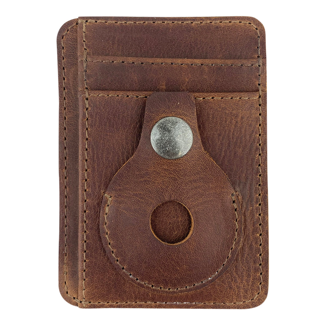 Front view of the AirTag Vertical Card Holder by Hide & Drink, showcasing its sleek design made from Full Grain Leather, perfect for tracking your items. This handmade product represents small batch production, hand cut, and hand sewn craftsmanship, fire branded by artisans in La Antigua Guatemala & Oaxaca Mexico.