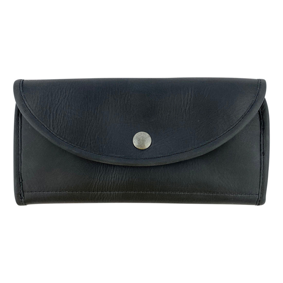 Front view of the black variant of the Single Snap Zippered Wallet by Hide & Drink, displaying its sleek look. This Snap Clutch Wallet for Women serves as a trendy money holder and card organizer featuring a zippered pouch, made from durable full grain leather and handcrafted in La Antigua Guatemala.