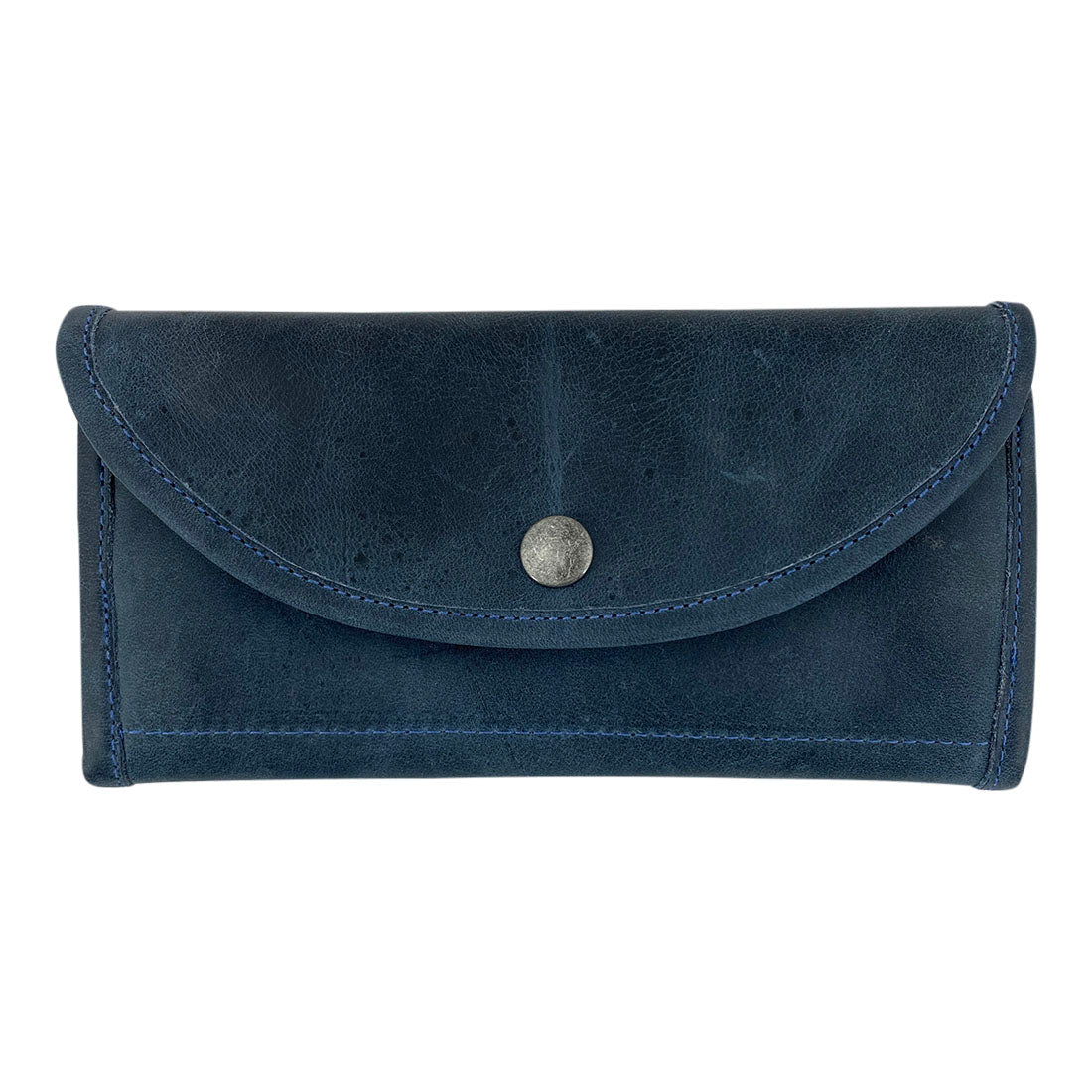 Front view of the navy blue variant of the Single Snap Zippered Wallet by Hide & Drink, showcasing its vibrant color. This Snap Clutch Wallet for Women is an elegant money holder and card organizer with a zippered pouch, made from full grain leather and handcrafted in La Antigua Guatemala.