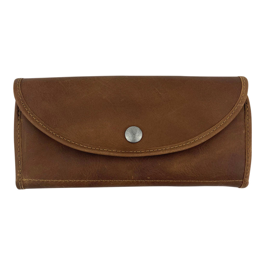 Front view of a brown variant of the Single Snap Zippered Wallet by Hide & Drink, showcasing its stylish design. This Snap Clutch Wallet for Women is a functional money holder and card organizer with a zippered pouch, crafted from full grain leather and made in small batches in La Antigua Guatemala.