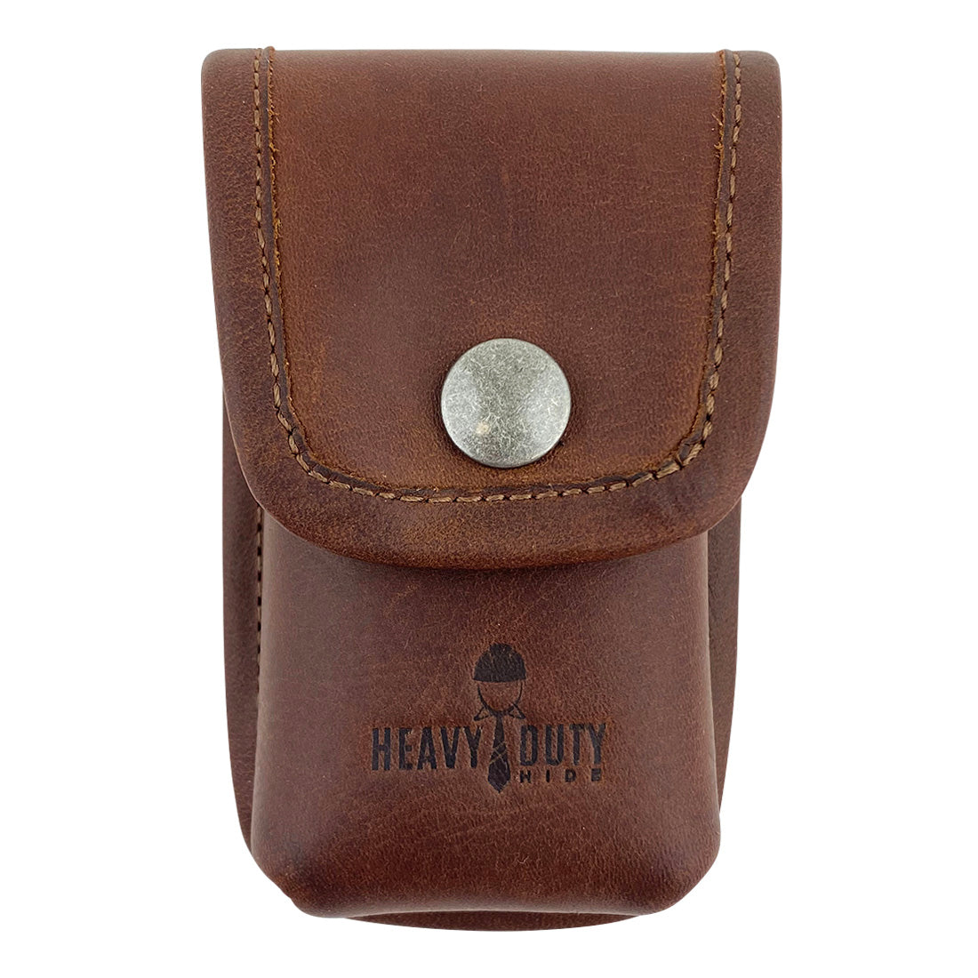 Heavy Duty Hide Multitool Sheath featuring a secure button snap closure and a durable full grain leather design. This artisan-crafted belt holster tool pouch allows you to carry tools on your hip for easy job access. An essential tactical accessory for efficient utility storage. Handmade in La Antigua Guatemala.