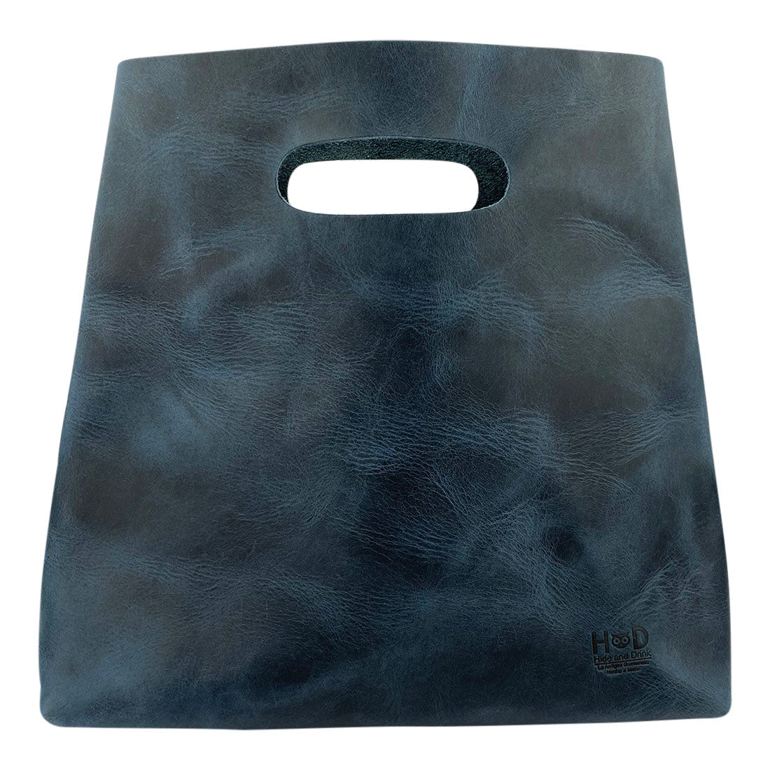 Front view of the Hide & Drink Minimalist Boho Handbag in a blue leather finish, showcasing its artisan design. This elegant Minimalist Handbag for Women is ideal for shopping and everyday carry, crafted in La Antigua Guatemala & Oaxaca Mexico.