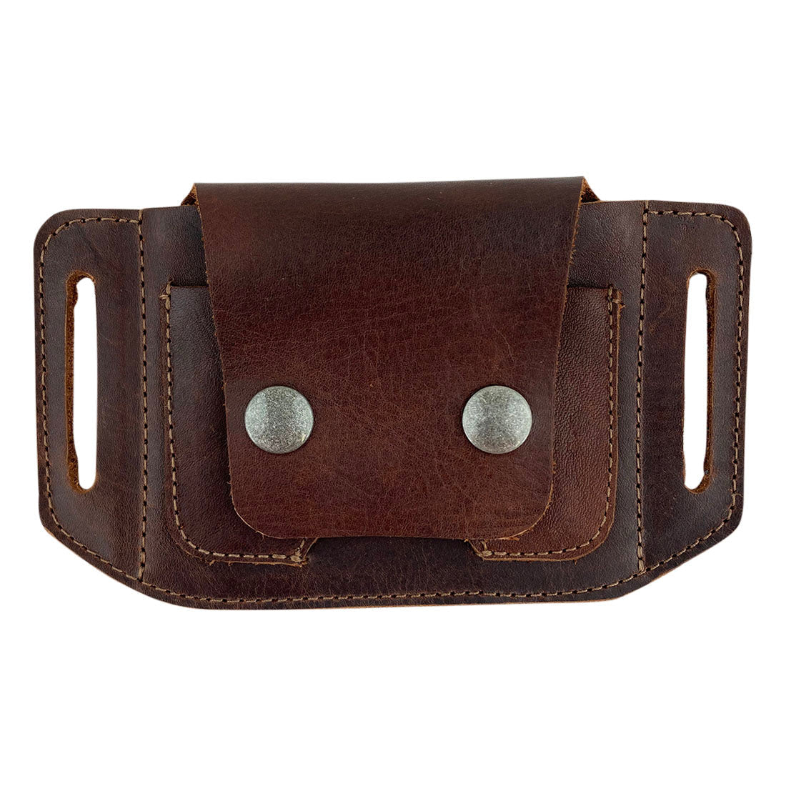 Hide & Drink Tactical Card Holder showcasing a durable design with button snap closures. Perfect for card storage, made of full grain leather, reflecting the artisanal craftsmanship rooted in small batch production. This handmade item exemplifies quality with its hand cut and hand sewn construction, fire branded for authenticity. Artisan crafted in La Antigua Guatemala & Oaxaca Mexico.