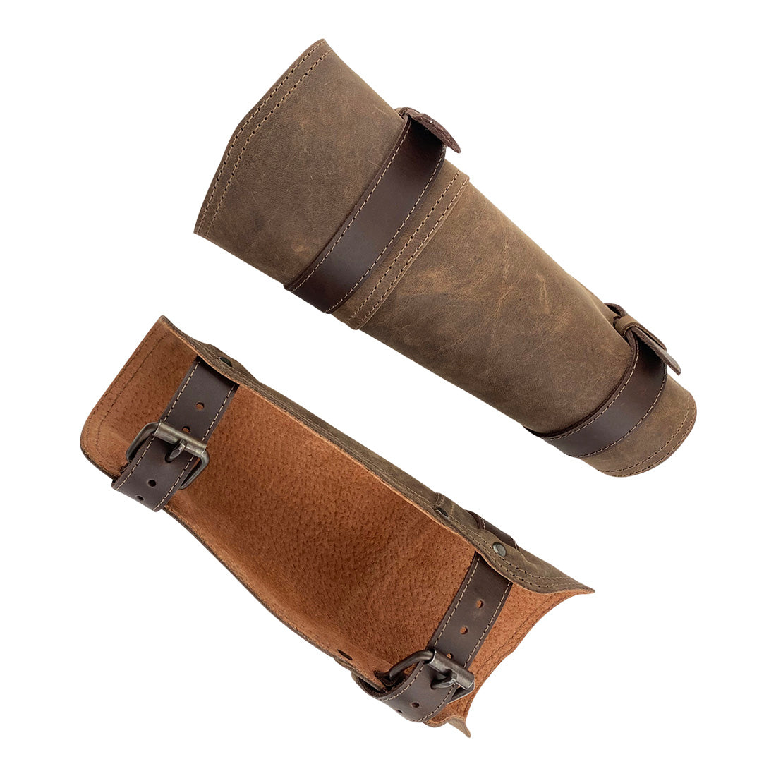 Valhalla Gear Vambrace Bracer - 2 pack showcasing a set of 2 Viking style hand protectors for archery, crafted from full grain leather with adjustable buckles. This medieval armband features a hand cut, hand sewn design and is fire branded, highlighting artisan craftsmanship from La Antigua Guatemala & Oaxaca Mexico.