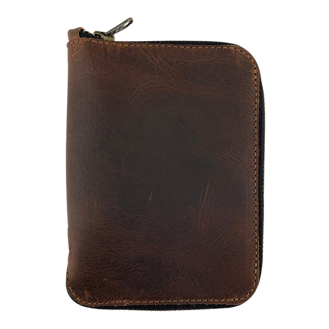 Front view of the Zippered Passport Wallet by Hide & Drink showcasing its rich, brown Full Grain Leather, perfect for stylish travel. Zippered Passport Wallet Handmade from Full Grain Leather - Storage Case for Identification, Credit Cards, Cash Full Grain Leather, StockyardX, Small Batch Production, Hand Cut, Hand Sewn, Fire Branded, Artisan, Handmade in La Antigua Guatemala & Oaxaca Mexico.