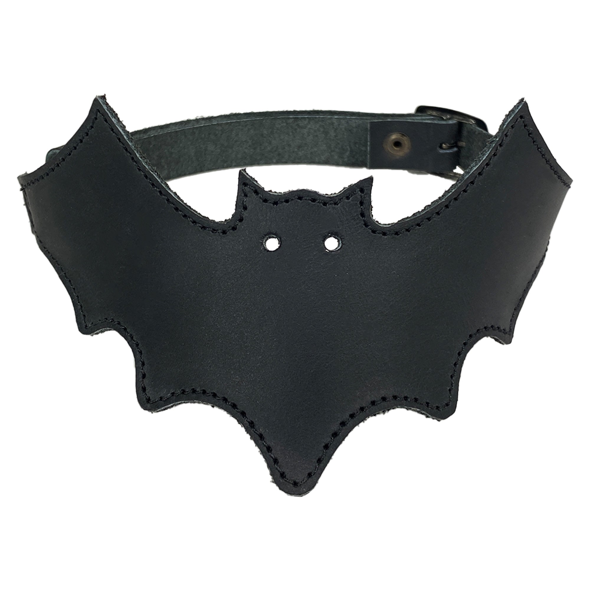 Front view of the Bat-man Choker by Hide & Play, showcasing a stylish black leather bat-shaped collar. This Bat Choker is a trendy accessory made of full grain leather, featuring small batch production techniques, hand cut and hand sewn details, fire branded for authenticity, perfect for punk style enthusiasts.