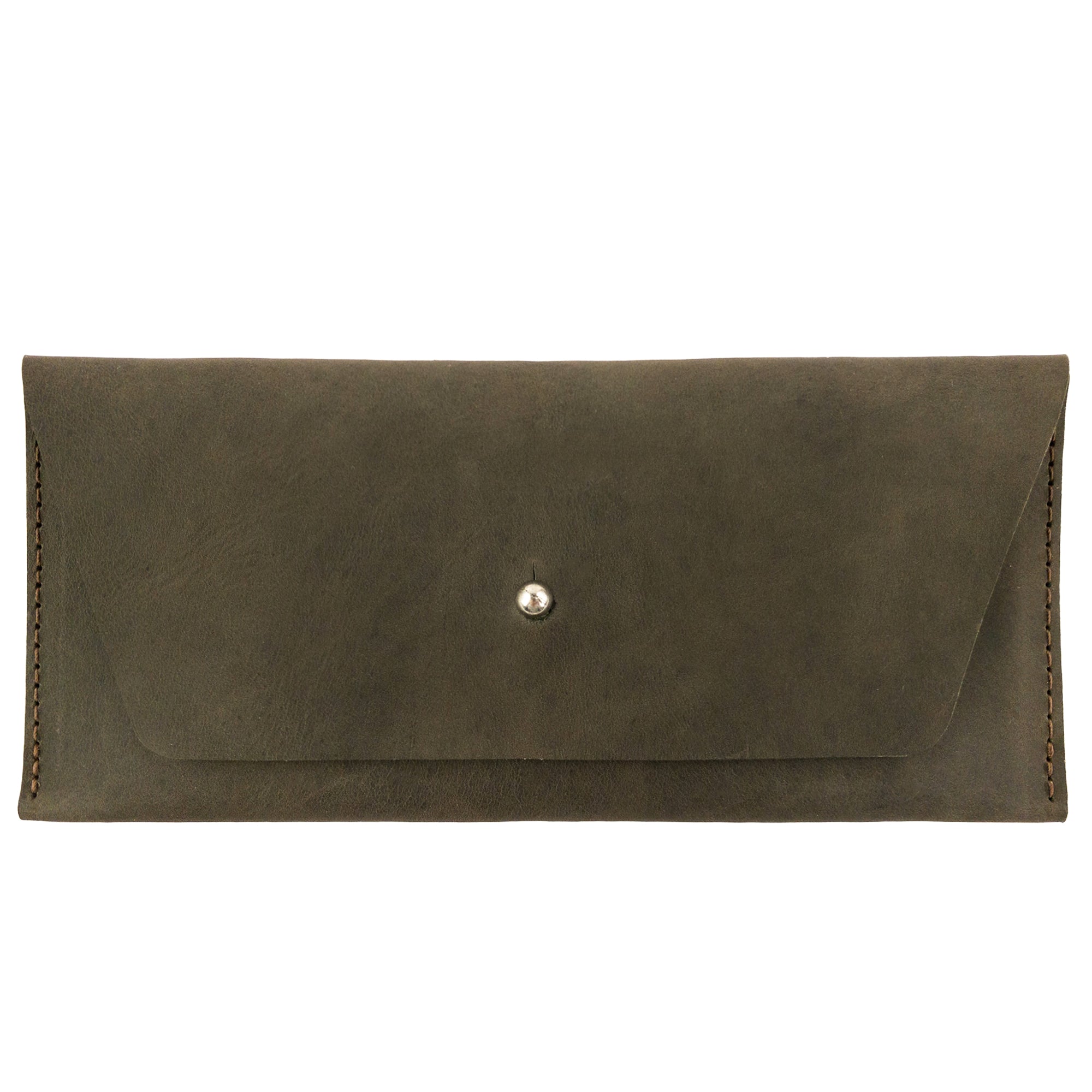 The Long Utility Pouch by Hide & Drink in green leather, showcasing its unique look and craftsmanship. Perfect for stylishly storing cash, coins, and cards.