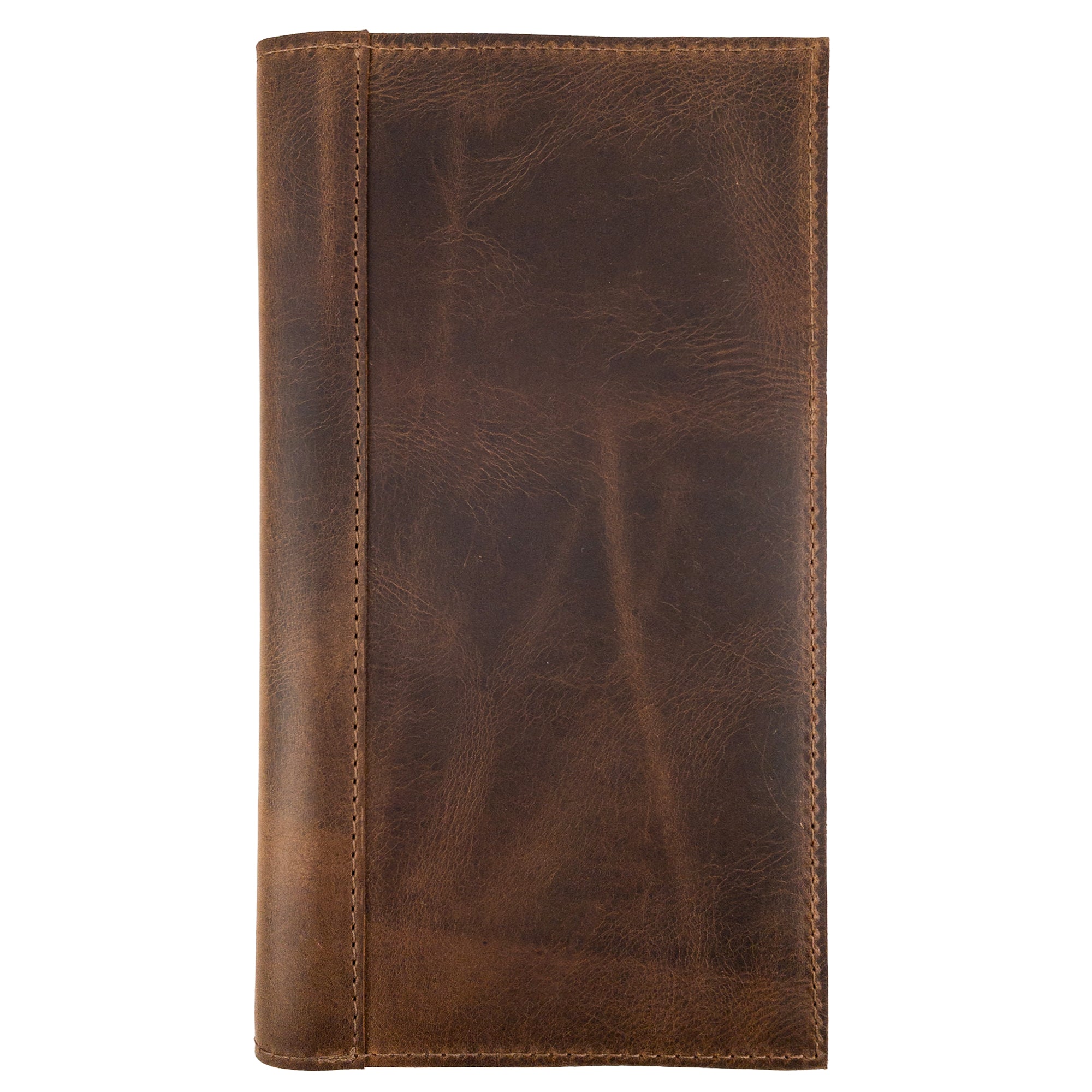 Front view of the Fancy Check Presenter by Hide & Drink, showcasing its rustic Full Grain Leather design. Ideal for restaurants and cafes, this artisan product features small batch production, hand cut and hand sewn details, and is fire branded for authenticity. Perfect as a bill holder for waiters and waitresses.
