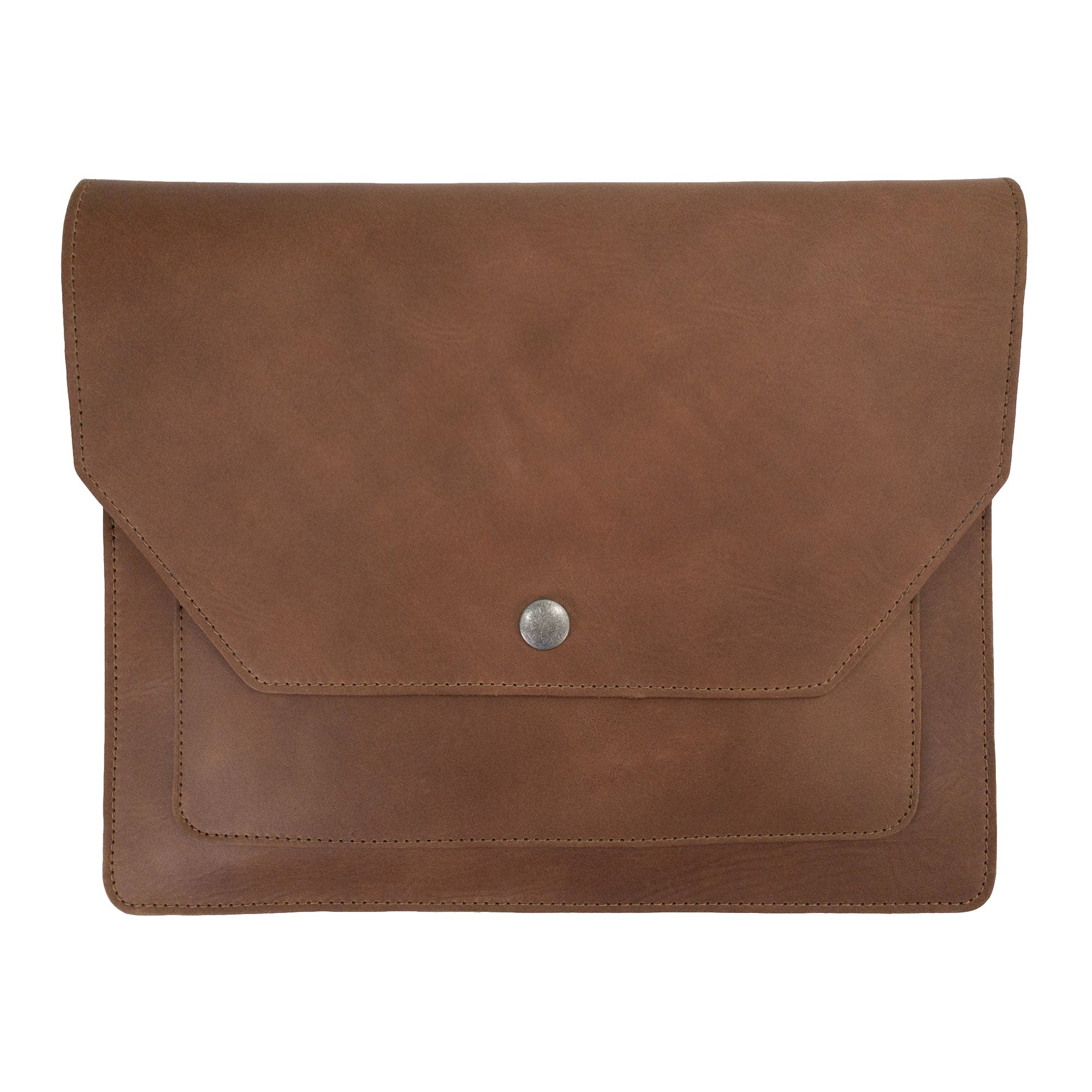 Back view of Hide & Drink's Slim Portfolio in brown, highlighting its rich texture and handmade quality. This Flat Messenger Case serves as a Full Grain Leather Narrow Document Holder, crafted with care in La Antigua Guatemala & Oaxaca Mexico.